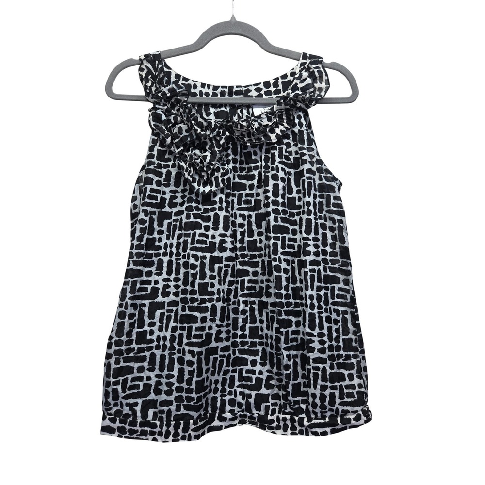 Ann Taylor LOFT Petites Black White Silk Cotton Ruffle Neck Blouse Medium Petite